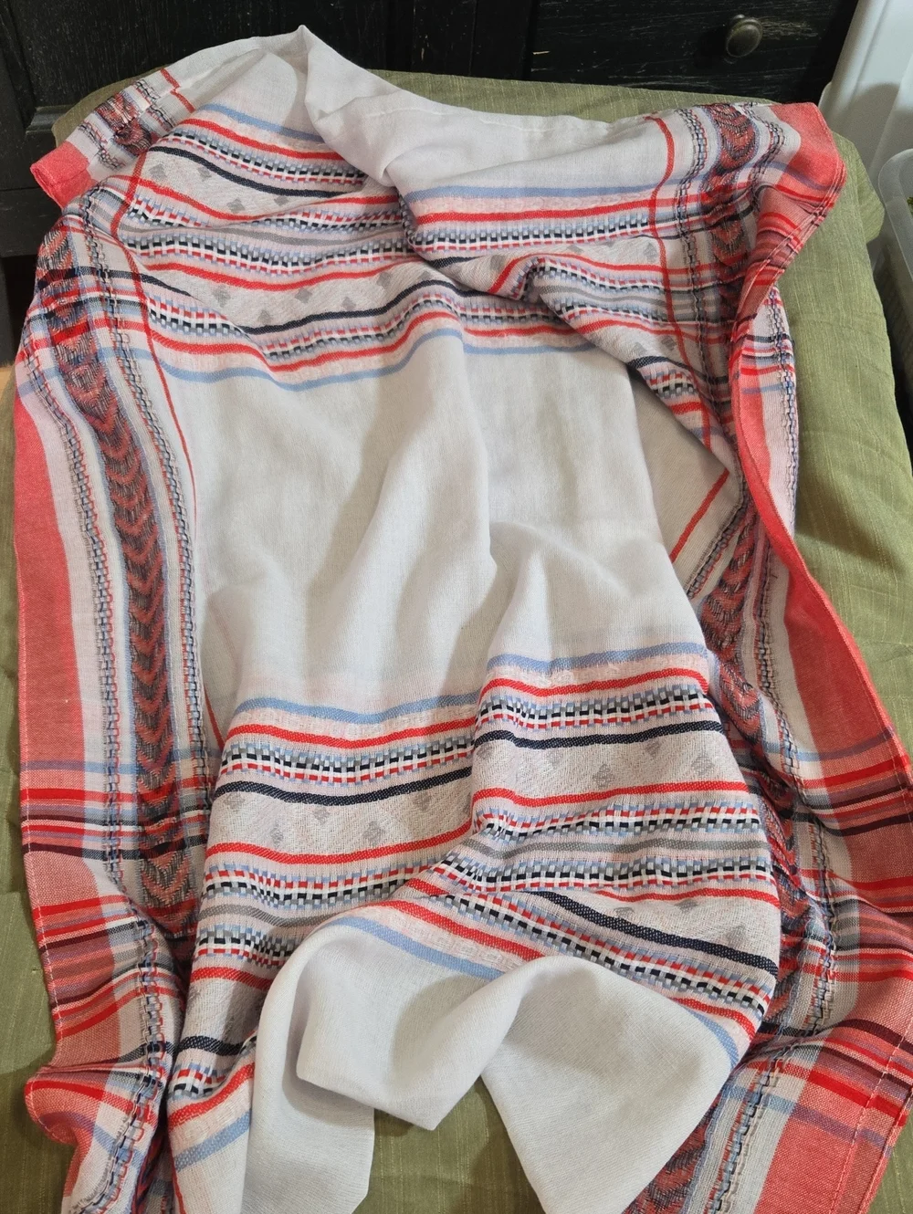 Lightweight White Scarf with Coral, Blue & Navy Stripes